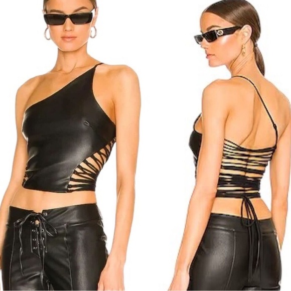 Revolve h:ours Brigitta Top Black Strappy Faux Leather One Shoulder Tank Top S